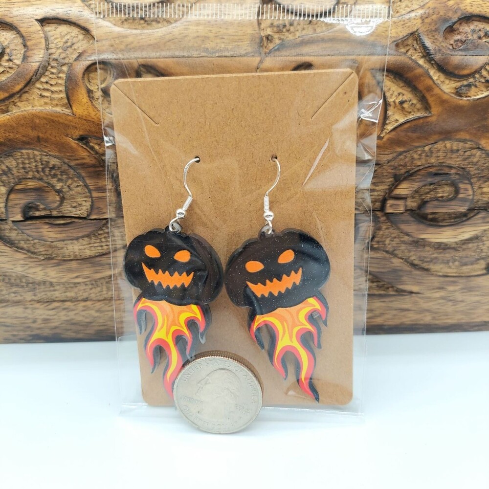 Flaming Pumpkin Earrings Halloween Earrings - Picture 2 of 2